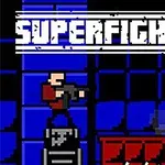 Nhân vật pixel chiến đấu trong không gian xanh với chữ SUPERFIGHTERS phía trên