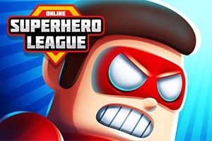 Nhân vật hoạt hình đeo mặt nạ đỏ, biểu cảm quyết tâm, với biểu tượng SUPERHERO LEAGUE ở góc trên trái