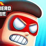 Nhân vật hoạt hình đeo mặt nạ đỏ, biểu cảm quyết tâm, với biểu tượng SUPERHERO LEAGUE ở góc trên trái