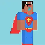 Hình ảnh một nhân vật pixel với trang phục siêu anh hùng màu xanh và đỏ, có biểu tượng chữ thập trên ngực