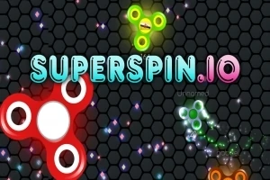 Hình ảnh có các con quay phát sáng di chuyển trên nền tổ ong tối màu với tiêu đề SUPERSPIN