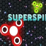 Hình ảnh có các con quay phát sáng di chuyển trên nền tổ ong tối màu với tiêu đề SUPERSPIN