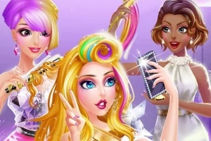Ba cô gái với kiểu tóc và thời trang sành điệu; một người chụp ảnh selfie