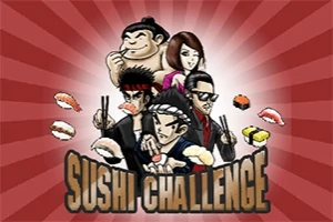 Các nhân vật hoạt hình ăn mặc kiểu Nhật Bản, đang cầm đũa và xung quanh là các miếng sushi trên nền đỏ với dòng chữ Sushi Challenge