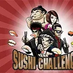 Các nhân vật hoạt hình ăn mặc kiểu Nhật Bản, đang cầm đũa và xung quanh là các miếng sushi trên nền đỏ với dòng chữ Sushi Challenge