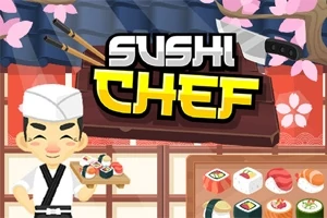 Đầu bếp sushi hoạt hình đứng cầm đĩa sushi, nền là dao bếp và nhiều loại sushi khác nhau