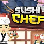 Đầu bếp sushi hoạt hình đứng cầm đĩa sushi, nền là dao bếp và nhiều loại sushi khác nhau