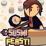 Nhân vật hoạt hình đứng sau quầy chế biến sushi, nền là hình ảnh các loại sushi và món ăn Nhật Bản