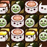 Các viên sushi đa dạng với khuôn mặt dễ thương và biểu cảm khác nhau được sắp xếp trong lưới