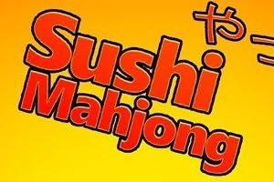 Chữ Sushi Mahjong màu đỏ nổi bật trên nền vàng với ký tự Nhật Bản nhỏ bên cạnh
