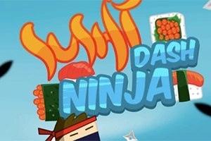 Hình ảnh với chữ Sushi Dash Ninja trên nền màu xanh dương, có hình ảnh sushi và ninja hoạt họa