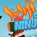 Hình ảnh với chữ Sushi Dash Ninja trên nền màu xanh dương, có hình ảnh sushi và ninja hoạt họa