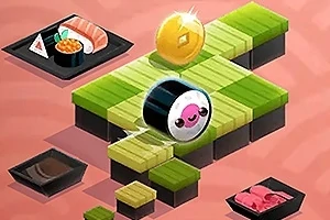 Hình ảnh mô tả một miếng sushi dễ thương với khuôn mặt vui vẻ đang lăn trên một cầu thang màu xanh lá, bên cạnh có một đồng xu vàng sáng bóng và các món ăn Nhật Bản khác như sashimi