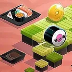 Hình ảnh mô tả một miếng sushi dễ thương với khuôn mặt vui vẻ đang lăn trên một cầu thang màu xanh lá, bên cạnh có một đồng xu vàng sáng bóng và các món ăn Nhật Bản khác như sashimi