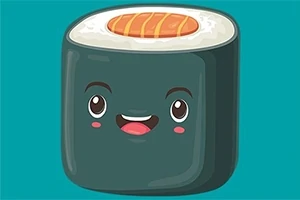 Hình minh họa một miếng sushi hoạt hình với khuôn mặt vui vẻ trên nền màu xanh lam