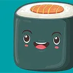 Hình minh họa một miếng sushi hoạt hình với khuôn mặt vui vẻ trên nền màu xanh lam