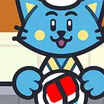 Một chú mèo hoạt hình màu xanh đang cầm đĩa sushi, trên nền bếp