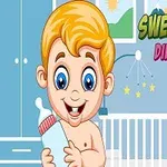 Hình ảnh một em bé tóc vàng cầm bình sữa trong phòng trẻ em, bên cạnh là chữ Sweet Babies Differences