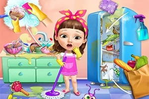 Bé gái đứng trong bếp bừa bộn với tủ lạnh mở, đang lau sàn và có nhiều đồ vật rơi vãi xung quanh