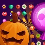Hình ảnh của một quả bí ngô mặt cười, nhiều viên kẹo đủ màu sắc và một cây kẹo mút có hình đầu lâu trên nền tối