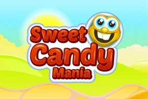 Dòng chữ Sweet Candy Mania nổi bật trước nền cảnh quan màu sắc tươi sáng với hình mặt cười dễ thương