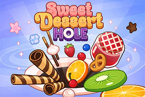 Chữ Sweet Dessert Hole trên nền xanh với các món tráng miệng minh họa như bánh quế ống, dâu tây, kẹo, lát cam, lát kiwi và bánh quy