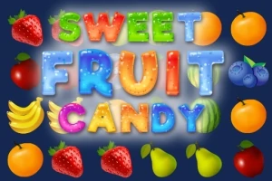 Chữ Sweet Fruit Candy rực rỡ và đầy màu sắc bao quanh bởi hình ảnh các loại trái cây như dâu tây, cam, táo và chuối