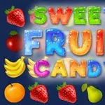 Chữ Sweet Fruit Candy rực rỡ và đầy màu sắc bao quanh bởi hình ảnh các loại trái cây như dâu tây, cam, táo và chuối