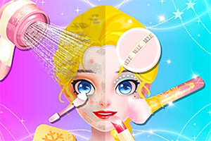 Một khuôn mặt của nhân vật nữ đang được trang điểm với nhiều dụng cụ làm đẹp như cọ, bông phấn và son môi, trên nền màu sắc sặc sỡ
