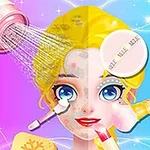 Một khuôn mặt của nhân vật nữ đang được trang điểm với nhiều dụng cụ làm đẹp như cọ, bông phấn và son môi, trên nền màu sắc sặc sỡ