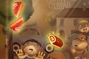 Sweet Slice Một nhóm trẻ em với biểu cảm ngạc nhiên nhìn vào những chiếc bánh ngọt lơ lửng sáng rực, phía sau là một chiếc ô tô và tòa nhà