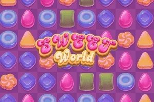 Các viên kẹo nhiều màu sắc với dòng chữ Sweet World ở trung tâm trên nền màu tím