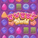 Các viên kẹo nhiều màu sắc với dòng chữ Sweet World ở trung tâm trên nền màu tím