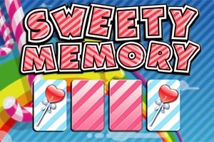 Hình ảnh có dòng chữ SWEETY MEMORY trên nền xanh sọc và ba thẻ bài với hình cây kẹo trái tim