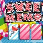 Hình ảnh có dòng chữ SWEETY MEMORY trên nền xanh sọc và ba thẻ bài với hình cây kẹo trái tim