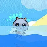 Một nhân vật hoạt hình đứng dưới nước với nền trời xanh và đám mây trắng