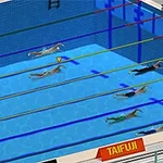 Hình ảnh một cuộc đua bơi lội với nhiều vận động viên đang bơi trong các làn đua khác nhau trong hồ bơi