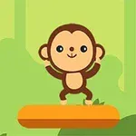 Hình ảnh một chú khỉ hoạt hình đáng yêu đang đứng trên một nền màu cam với phông nền rừng xanh