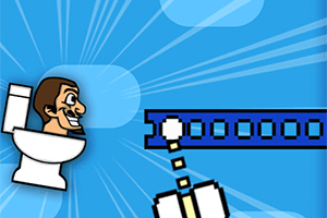 Người đàn ông đang ngồi trên bồn cầu với một loạt tia sáng nền xanh và hình ảnh pixel hóa phía dưới