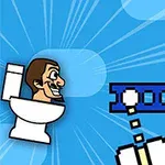 Người đàn ông đang ngồi trên bồn cầu với một loạt tia sáng nền xanh và hình ảnh pixel hóa phía dưới