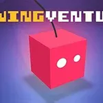 Khối hộp màu đỏ với hai mắt trắng treo lơ lửng trên nền màu xanh tím, phía trên có chữ SWING VENTURE