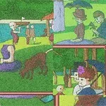 Bức tranh màu sắc tươi sáng với nhiều mảnh ghép cho thấy một công viên, có người đi bộ, cây cối xanh tươi và động vật