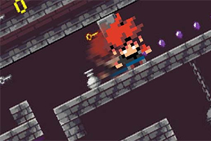 Nhân vật pixel với tóc đỏ di chuyển trong một khung cảnh mê cung gạch xám với chìa khóa và viên ngọc tím