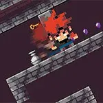 Nhân vật pixel với tóc đỏ di chuyển trong một khung cảnh mê cung gạch xám với chìa khóa và viên ngọc tím