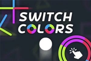 Văn bản SWITCH COLORS nằm ở giữa với các thanh màu sắc sáng xung quanh và một vòng tròn trắng bên dưới, trên nền tối