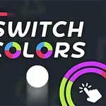 Văn bản SWITCH COLORS nằm ở giữa với các thanh màu sắc sáng xung quanh và một vòng tròn trắng bên dưới, trên nền tối