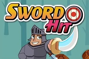 Hiệp sĩ đeo giáp mỉm cười giơ kiếm cong, trên nền rừng cây xanh, với chữ Sword Hit xuất hiện phía trên