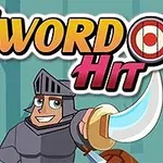 Hiệp sĩ đeo giáp mỉm cười giơ kiếm cong, trên nền rừng cây xanh, với chữ Sword Hit xuất hiện phía trên