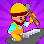 Một nhân vật hoạt hình đội mũ bảo hộ và đeo găng tay, sử dụng búa gỗ để rèn kiếm trên đe với nền màu tím có tia sáng