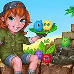 Một cô gái trẻ đội mũ, mặc áo sơ mi xanh lá và quần ngắn, ngồi trên bờ tường cạnh túi xách, cầm đĩa với hai sinh vật màu sắc sáng, với phong cảnh nhiệt đới ở phía sau